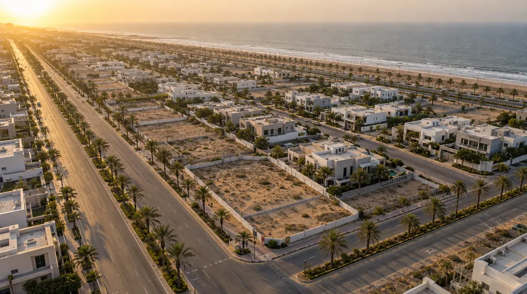 Aerial view over DHA Karachi at golden hour