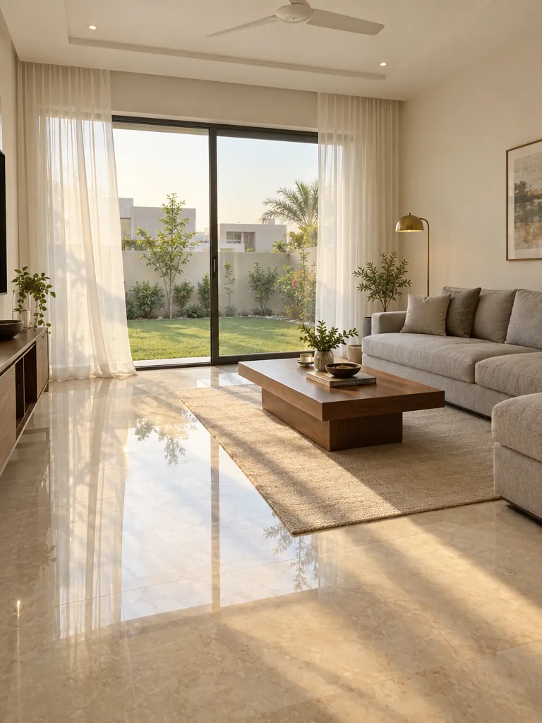 Living room of a new bungalow with a glass door to the lawn
