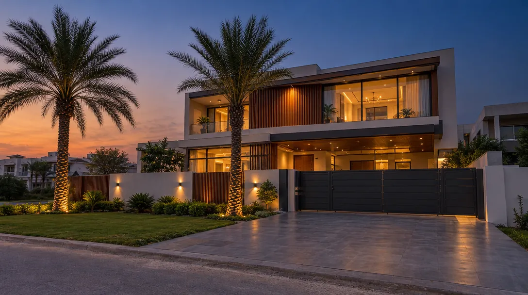 A modern bungalow at dusk in DHA Phase 8, Karachi