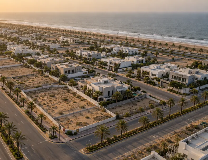 Aerial view of DHA Karachi streets and plots at golden hour