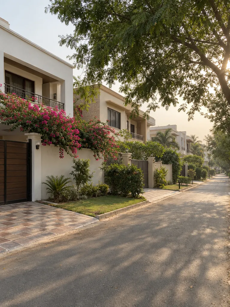 A quiet residential lane in DHA Karachi with bougainvillea over a wall